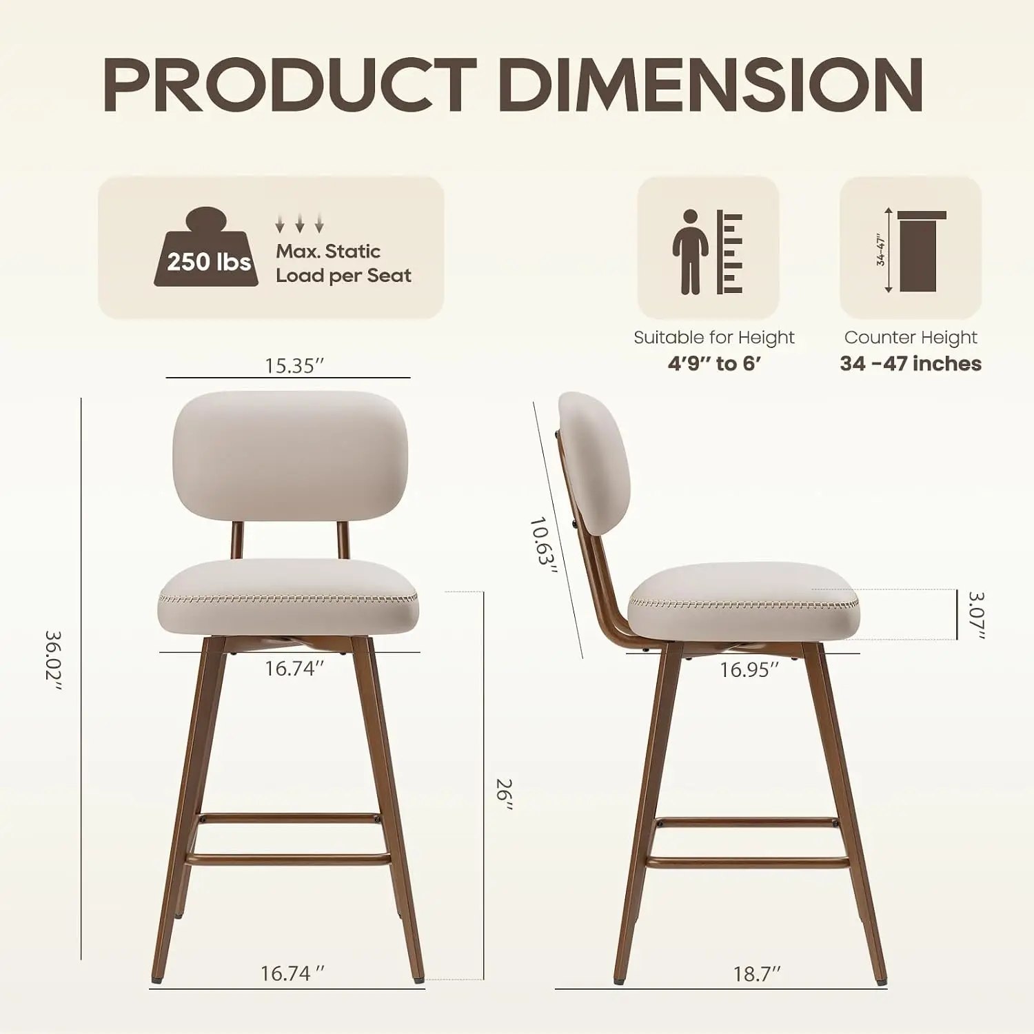 26“ Swivel Bar Stools Set of 2, Mid Century PU Leather Counter Height Bar Chairs with Low Back and Metal Legs, Modern Bar Stool view 2