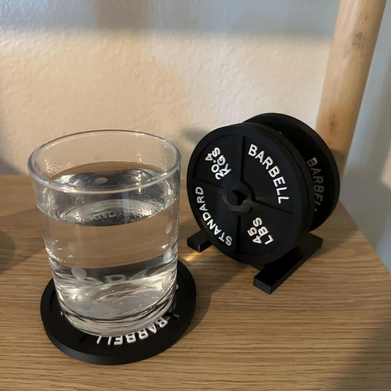 3D Printed Barbell Weight Plate Coaster Set Non-Slip Drink Coasters with Storage Rack Decorative Coasters for Home Desks