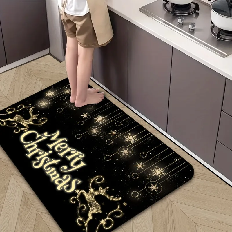 Merry Christmas Doormat with Glowing Reindeer Rectangular Polyester Home Mat for Entryway Bathroom Kitchen Festive Holiday Decor