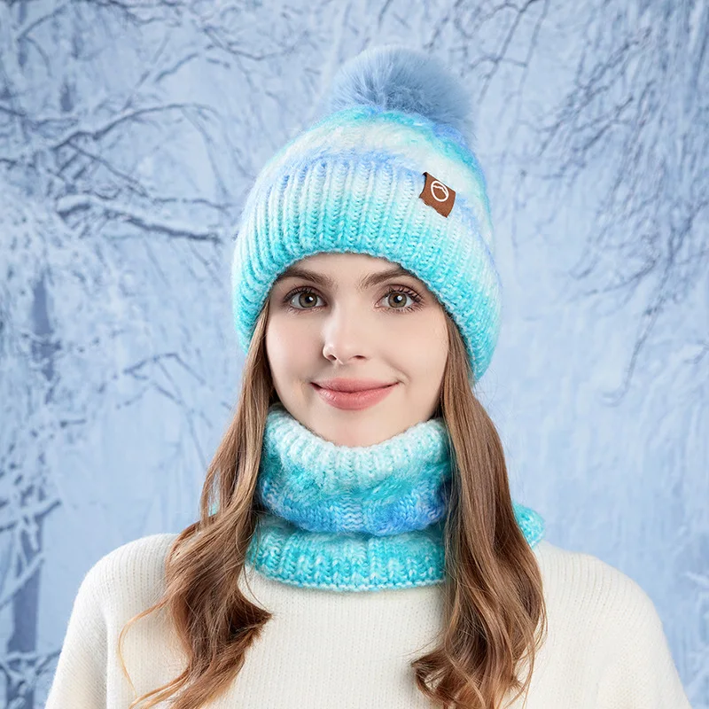 Winter Lady Warm Hat Scarf Two-piece Set Fleece Thickened Gradual Change Color Knitted Skiing Hat Fashion Pullover Hat for Women 5
