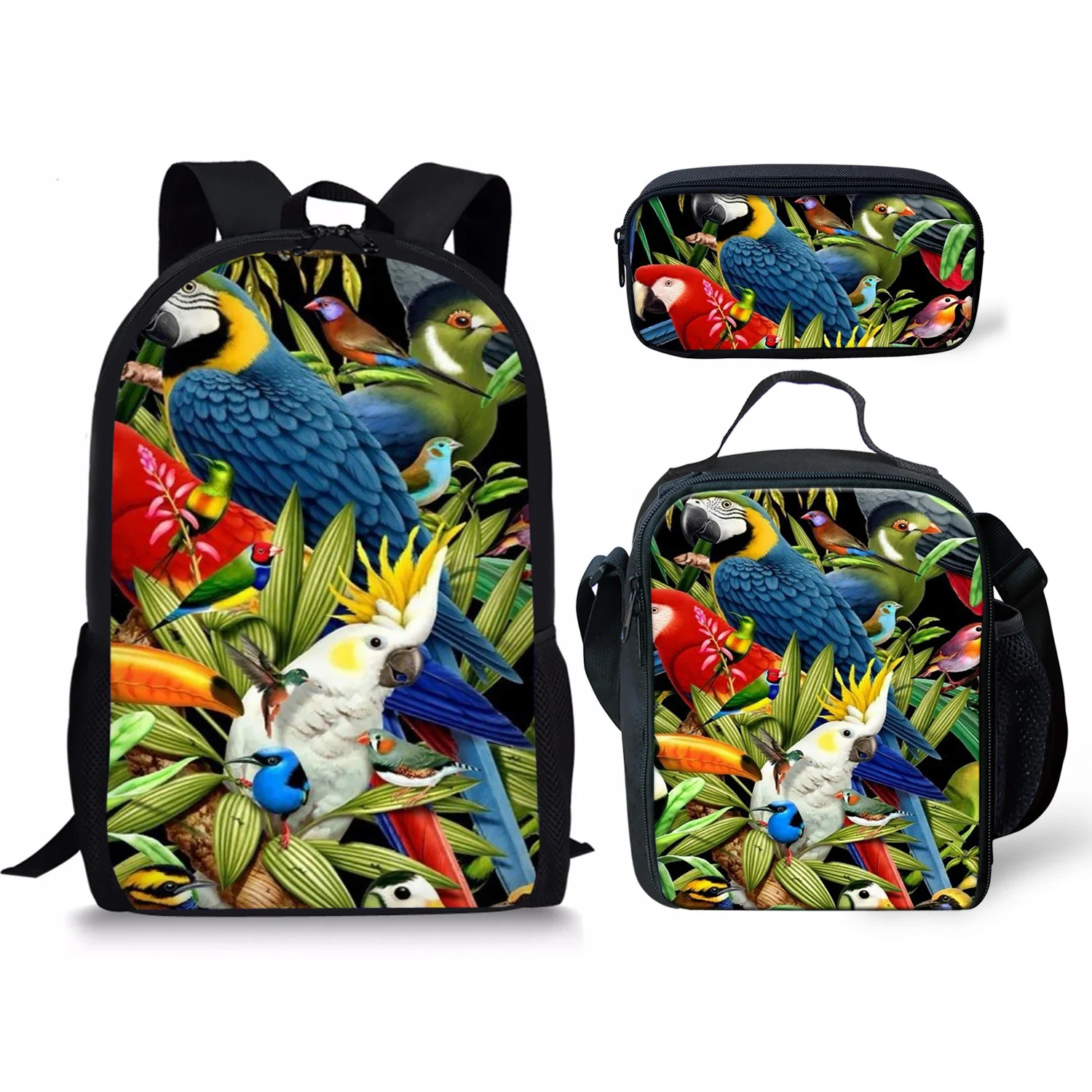 Harajuku Novelty Colorful Parrot 3pcs/Set Backpack 3D Print School Student Bookbag Anime Laptop Daypack Lunch Bag Pencil Case Y