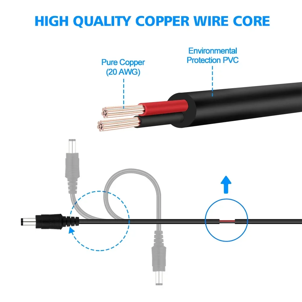 DC Extension Cable 2/3/5/10 Meters 5.5mm*2.1mm Male to Female Power Cord 12V DC Charger Extension Cord Adapter Wire for CCTV Cam