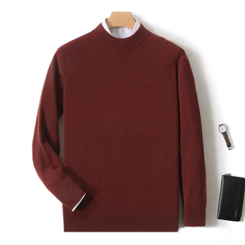 100% Pure Merino Wool Men's Semi High Neck Pullover Solid Color Plus Size Casual Sweater Autumn And Winter Sports Cashmere Top