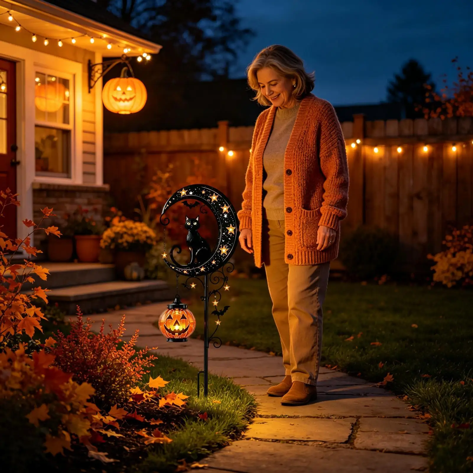 Solar Yard Light Weather-Resistant Auto On Spooky Lantern Halloween Black Cat Pumpkin Light For Patio Yard Lawn Pathway Porch