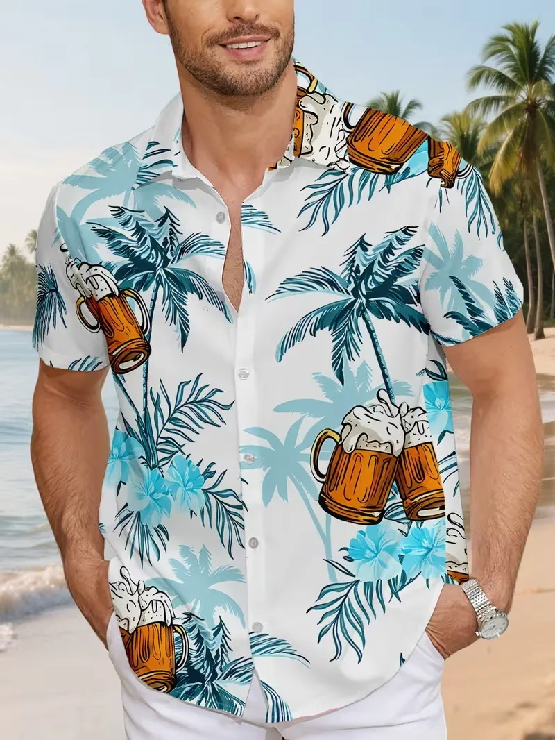 

Мужская гавайская рубашка с коротким рукавом в пивной тематике, повседневная летняя рубашка-алоха с пуговицами спереди, пляжная рубашка для выходных и праздников