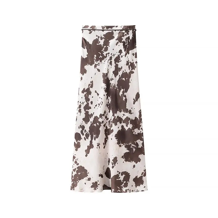 Jesienna spódnica midi z satyny jedwabnej w zwierzęcy wzór, damska moda francuska, długa, elegancka, biznesowa, codzienna, luźna bluzka