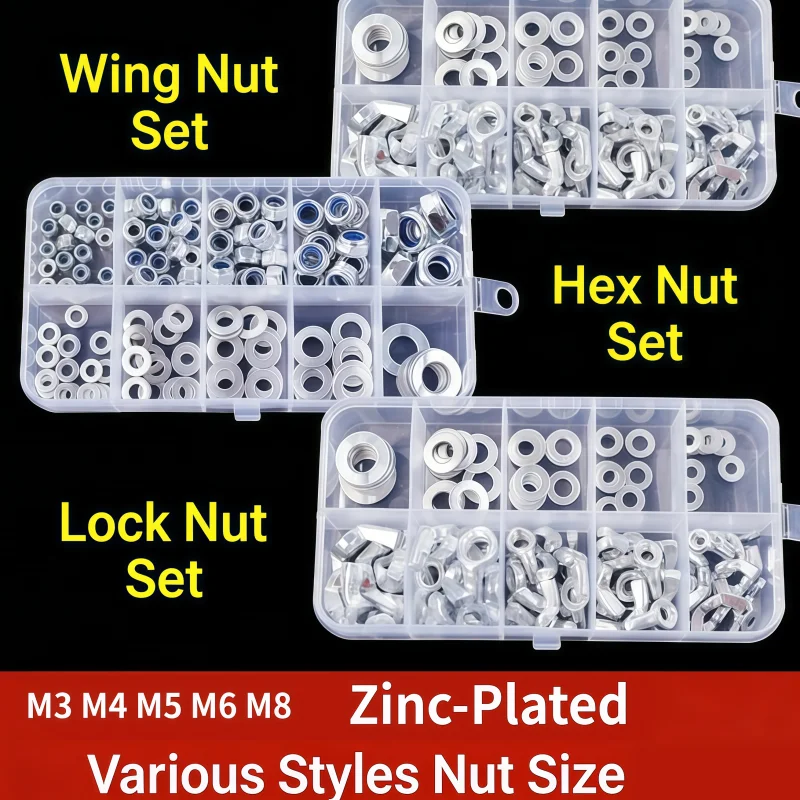 M3 M4 M5 M6 M8 Galvanized Carbon Steel Wing Butterfly Nut Hexagonal Lock Nut Assortment Kit Metric Nylon Insert Locknut