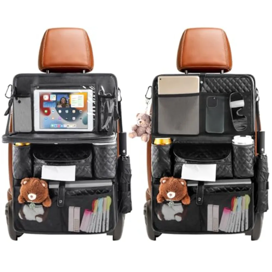 Car Backseat Organizers - with Foldable Tray - PU Leather Back Seat Car Organizers with Storage Pockets Tablet Holders Kick Mat