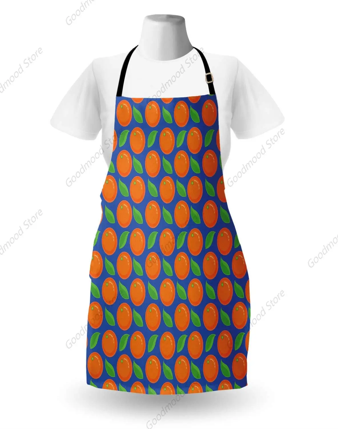 Orange Apron, Graphic Ripe Citrus Fruit Pattern with Green Leaves on Blue Background, Unisex Kitchen Bib Apron with Adjustable