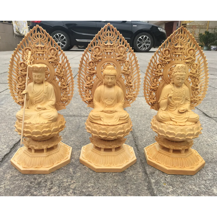 A SET 3P large HOME Company safety Efficacious Guanyin ksitigarbha Dizang Sakyamuni buddha wood carving statue