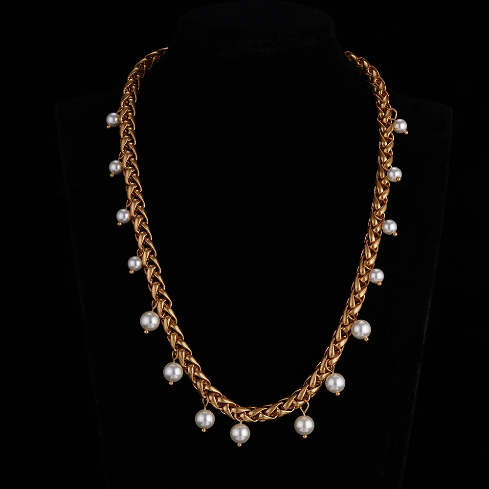 

Vintage Thick Link Chain Imitation Pearl Pendant Necklace Women 2024 Summer Trend Gold Color Choker Necklace Party Jewelry