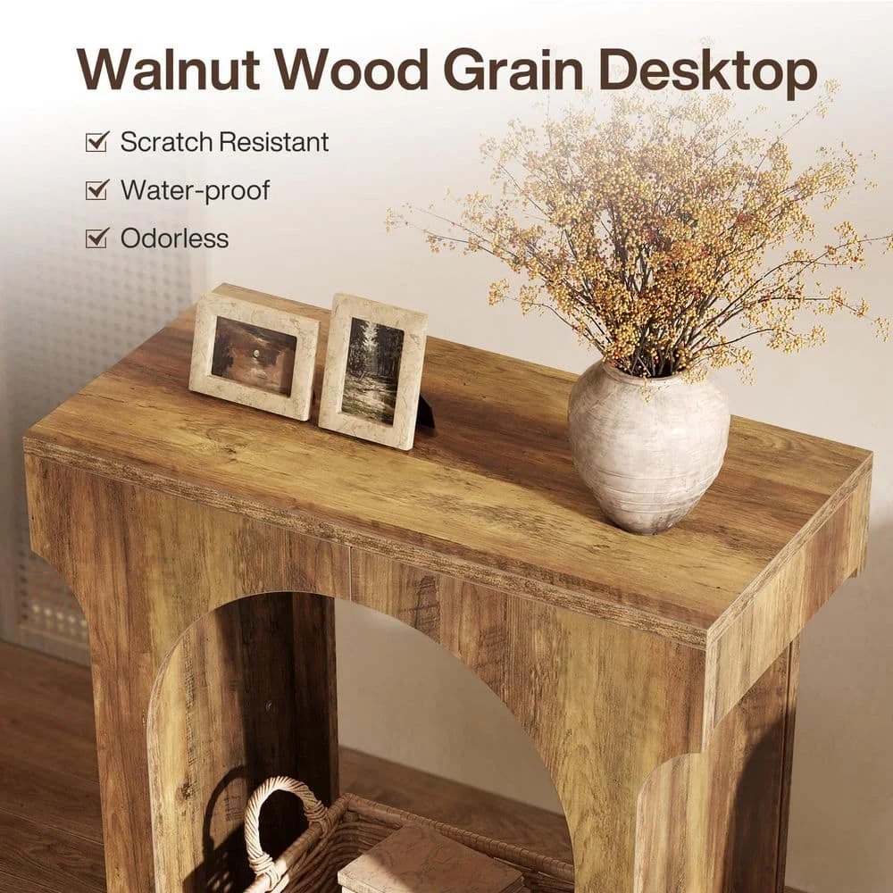 23.6 بوصة. طاولة نهاية خشبية مستطيلة قصيرة باللون البني الريفي مع مساحة تخزين، ومنضدة لغرفة النوم وغرفة المعيشة