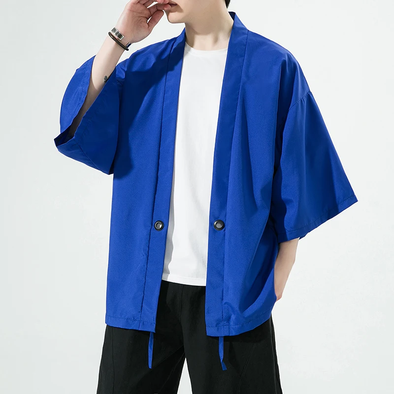 

Men's Japanese Kimono Shirts Casual Open Stitch Lightweight Fashion Waist Tie Cardigan 3/4 Sleeve Outwear
