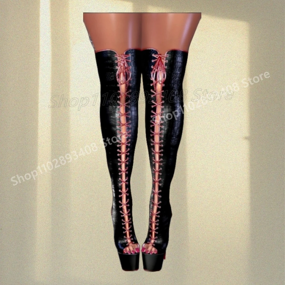 Red Front Lace-up Peep Toe Sexy Long Boots Matte Leather Thin High Heel Fashion Cut Heel Women Shoes 2025 Zapatos Para Mujere