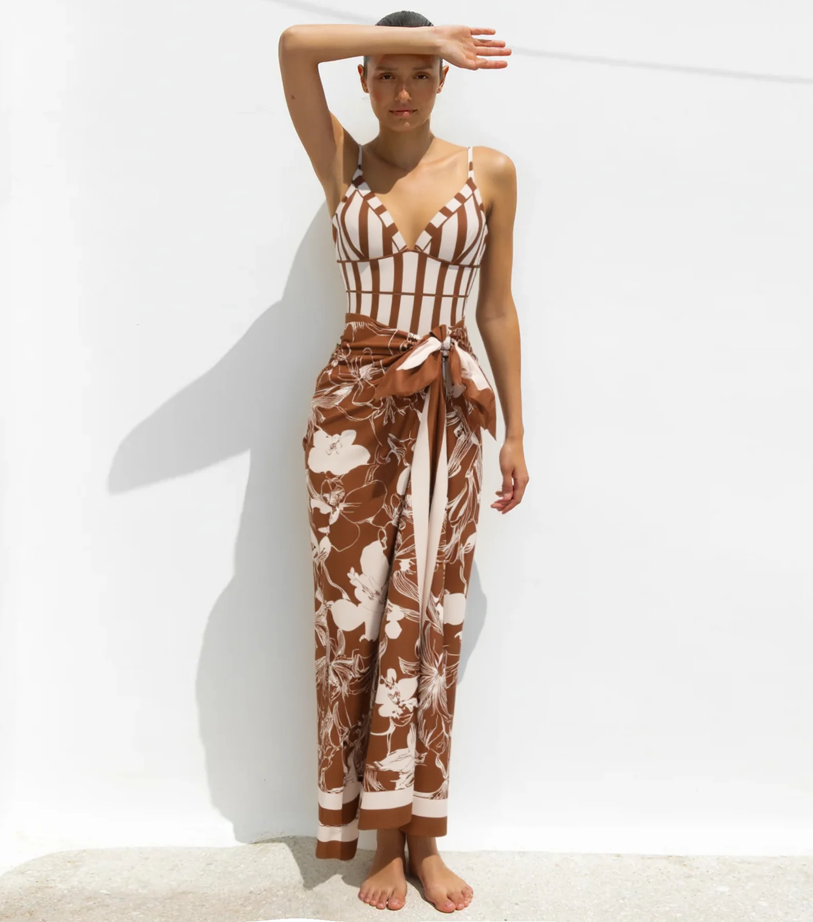 Sexy Brown stripes Printed Swimsuit Set(s) Flaxmaker 2026 Summer V Neck Swimsuit Female Party Swimwear Biquini conjunto de