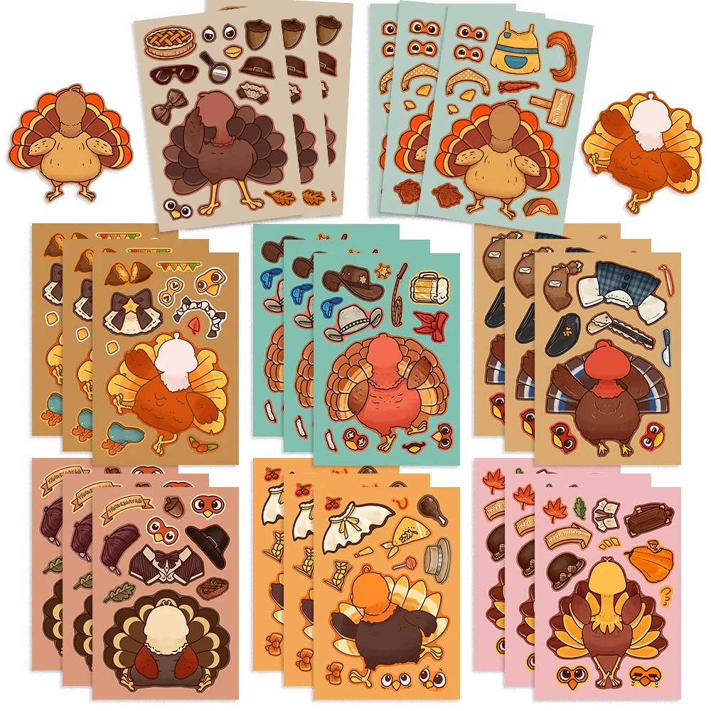 8/16/24pcs Thanksgiving Turkey Cartoon Stickers Children DIY Stickers Cute Make A Face For Kids Assemble Puzzles Party Toys﻿