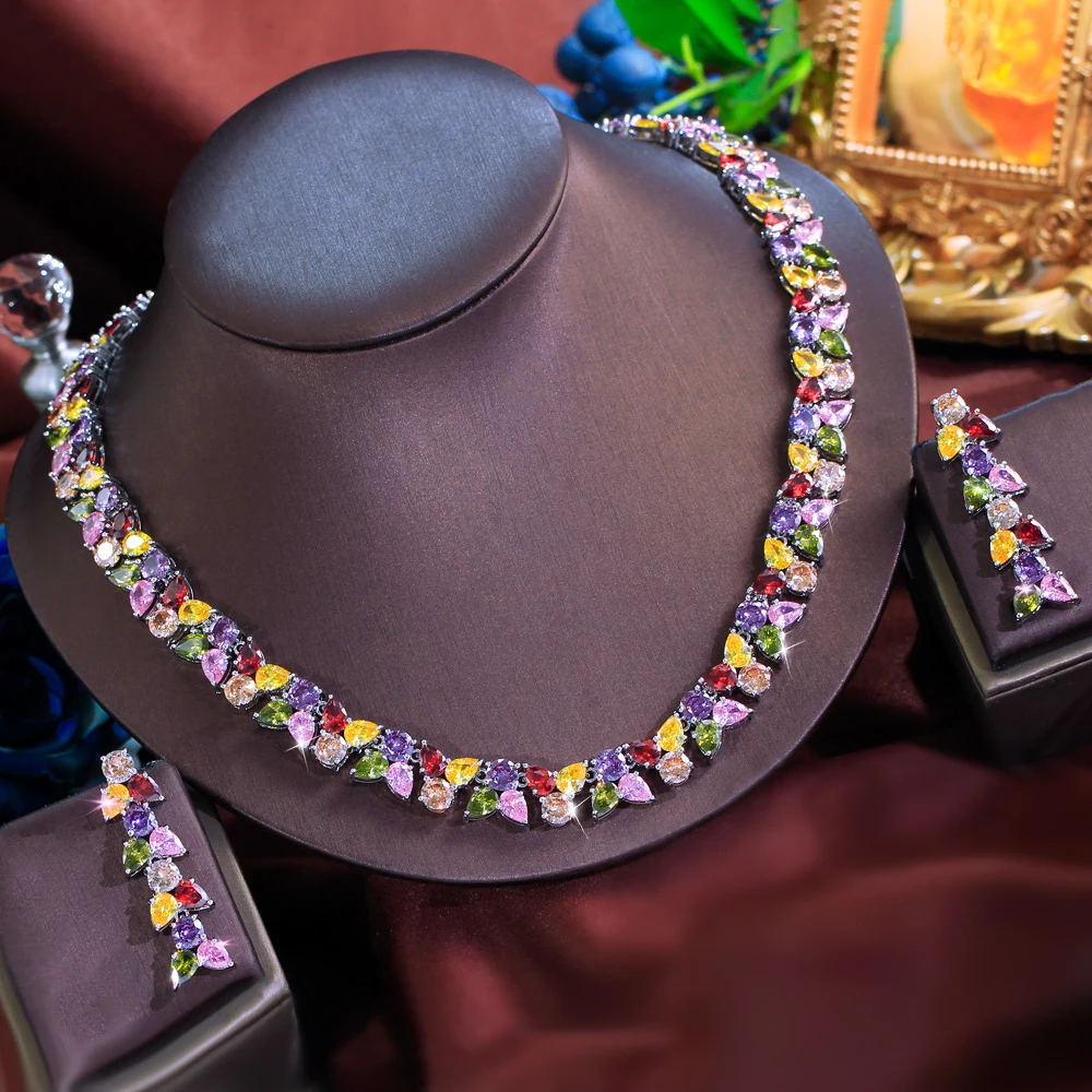 ThreeGraces Luxury Multicolor Zirconia Necklace and Earrings Women Jewelry Set for Party Bridal Wedding Dress Accessories T1068