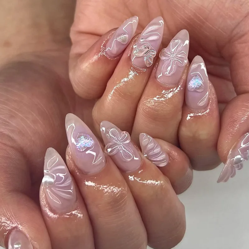 24 Uds. De uñas postizas con diseño de mariposa y flor 3D, especias para niñas, corazón púrpura, prensa en uñas, reutilizables, y2k, puntas de uñas postizas de almendra