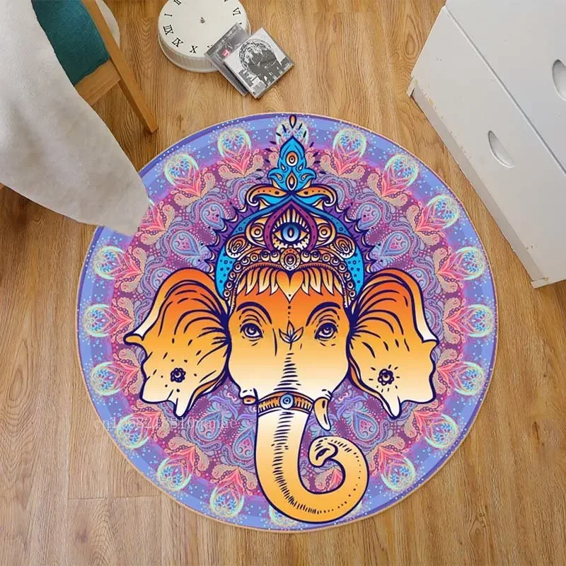 Boho Mandala Elephant Area Rug God Thailand Ganesha Printed Round Floor Mat Living Room Carpet Bathroom Kitchen Rug Doormat