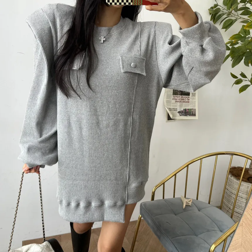 Korean Style Puff Sleeve Sweatshirt for Women Autumn and Winter Versatile Loose Slimming Mid-Length Thread Mid-length Hoodies