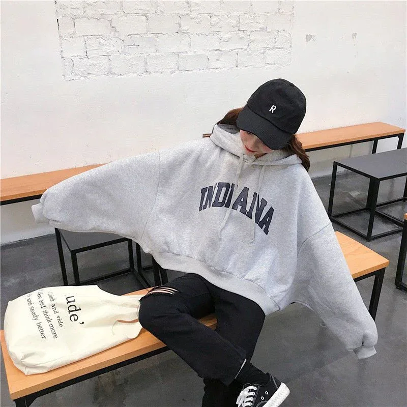 Cropped Hooded Sweatshirt Women Letter Loose Lazy Fall Winter Pullover Hip Hop Long Sleeve Fashion High Street School Tops