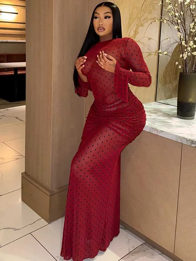 Long Elegant Spring Dresses with Flared Sleeve Dots Printed Evening Red Dresses for Youth Women Valentines Day Dress Sexy - view 3