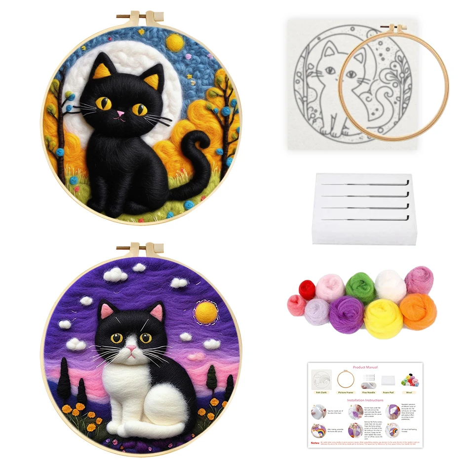 SDOYUNO-Wool Felt Painting Black Cat Adult Crafts Stitch Handmade Knitting Kit Diy Creative Making Wool Felt Kit Home Decoration