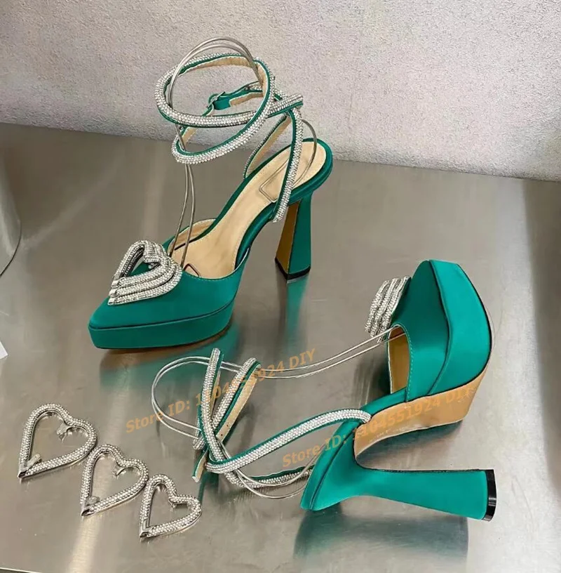 

Shiny Heart Women's Satin Platform Heeled Sandals with Diamond Chain Leather Sole Pointed Toe Ankle Strap High Heel Shoes