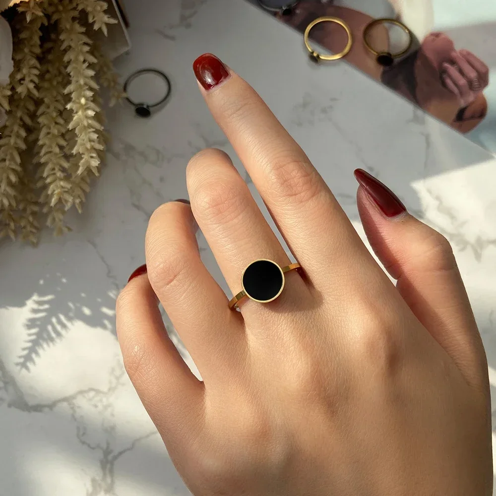 Stainless Steel Rings Fashion Trendy OL Style Anniversary Black Round Stone Ring For Women Jewelry Party Wedding Girls Gifts