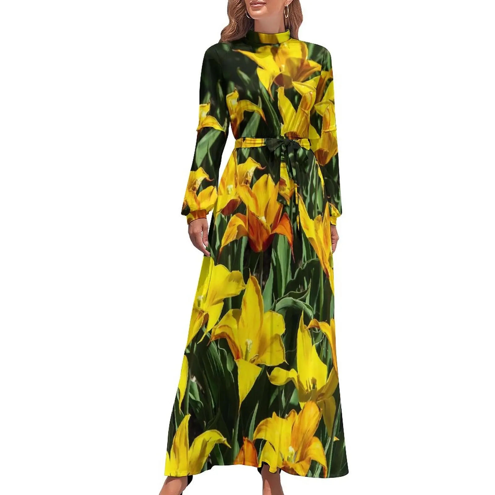 Lily Floral Tulips Dress Long Sleeve Flower Print Elegant Maxi Dress High Waist Stylish Graphic Bohemia Long Dresses Gift