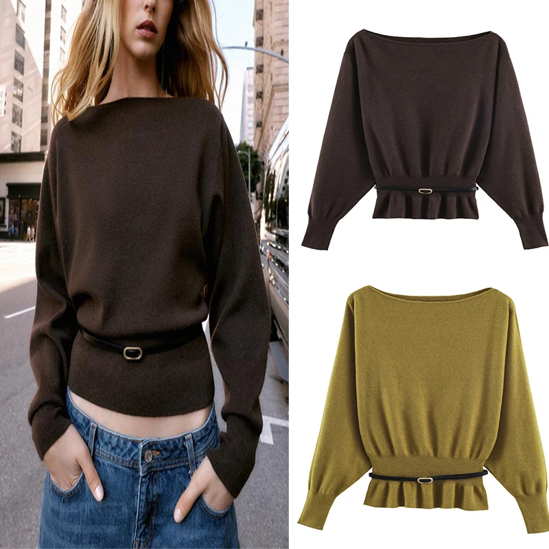 

Women's Two-Tone Boat Neck Sweater - Belted Ruffle High-Waist Puff Sleeve Knit Top (Brown/Olive)
