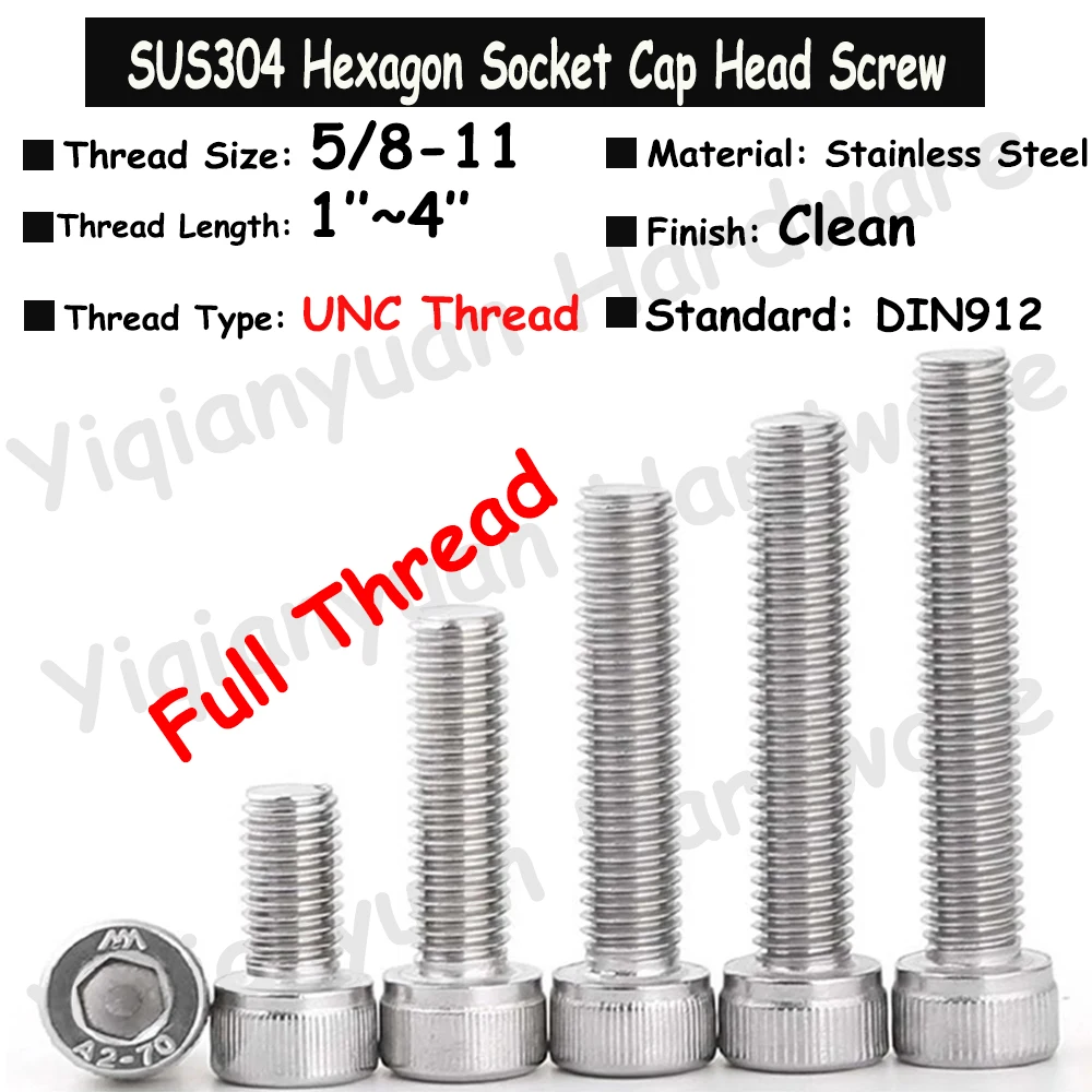 

1Piece~2Pcs 5/8-11 UNC Thread DIN912 SUS304 Stainless Steel Hexagon Socket Knurled Cap Head Screws Allen Key Bolts Full Threaded