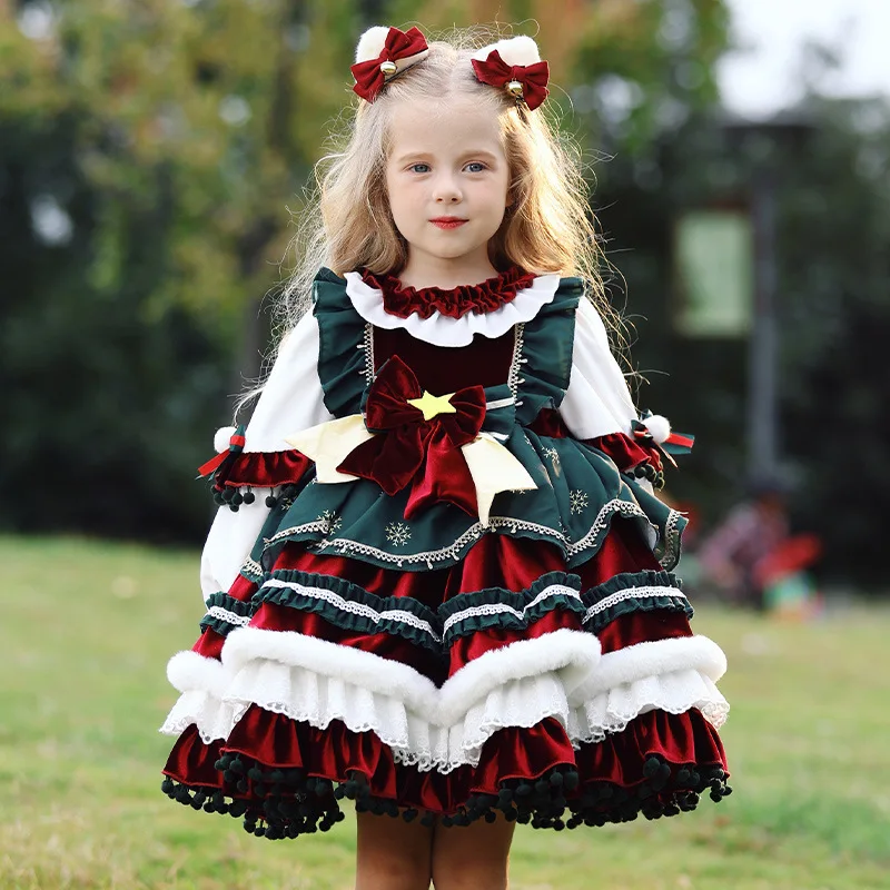 

2023 New Autumn Winter High-End Baby Girls Velvet Lolita Princess Ball Gown Children Cute Bow Design Birthday Party Dress y1058