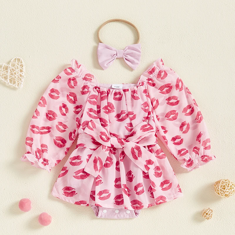 Baby Girl Valentine’s Day Outfits Long Sleeve Lips Print Romper with Headband 2 Pieces Set Spring Newborn Clothes