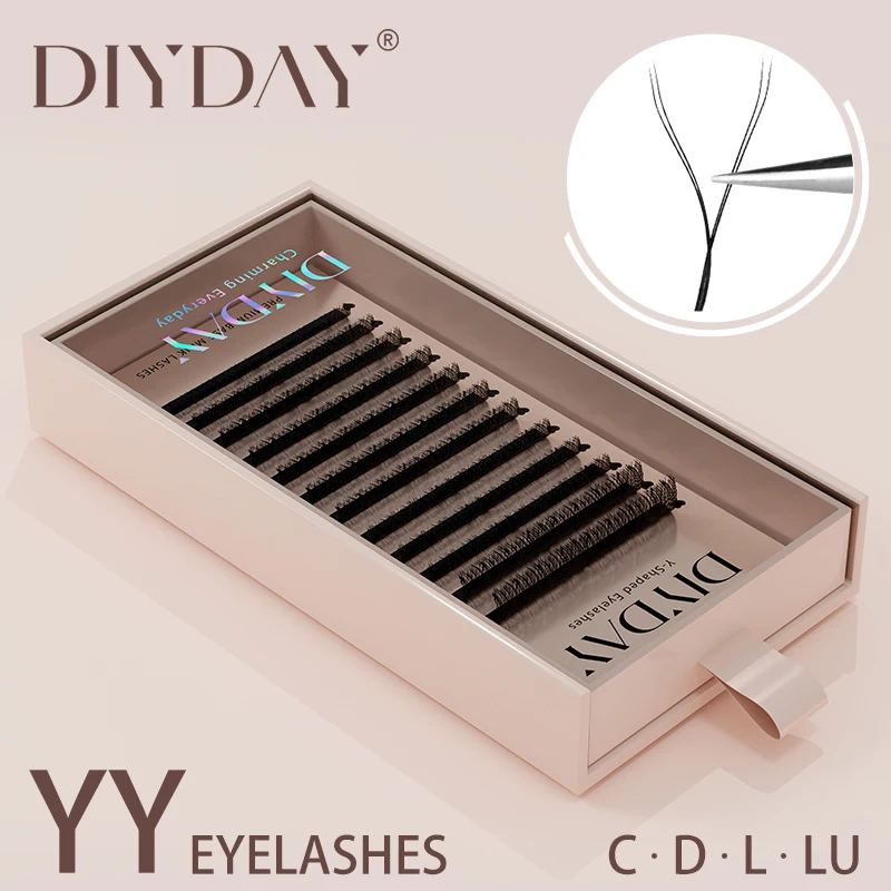 DIYDAY YY Shape Eyelash Extensions C D L LU Curl Brown Lashes Natural Soft Premade Volume Fans Two Tips Y-Shaped False Eyelashes