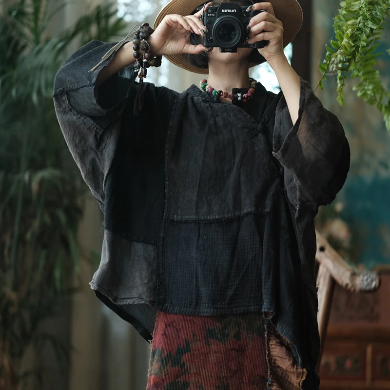 

Женская повседневная рубашка из хлопка и льна большого размера, новинка 2025 года, осень, винтажные свободные женские топы с воротником-стойкой в китайском стиле M1880