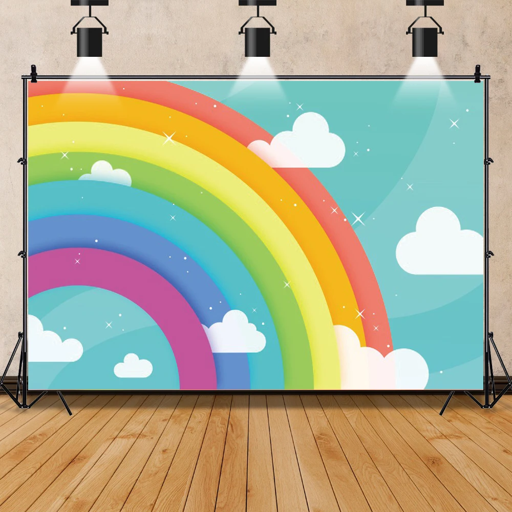 Laeacco Rainbow Backdrops Photography Baby Shower Boy Girl 1st Birthday Party Cloud Shiny Star Photo Background For Photo Studio