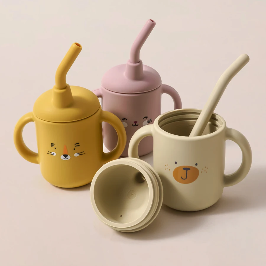 Portable Baby Feeding Bottle Cup Silicone Sippy Cups Children Leakproof Drinking Cups Cartoon Pattern Infant Straw Drinkware