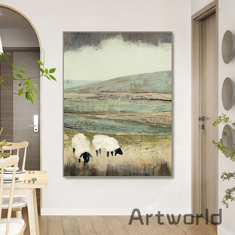 Vintage Abstract Animal Painting Hillside Grazing Sheep Wall Art Poster and Print Canvas Painting for Living Room Home Decor