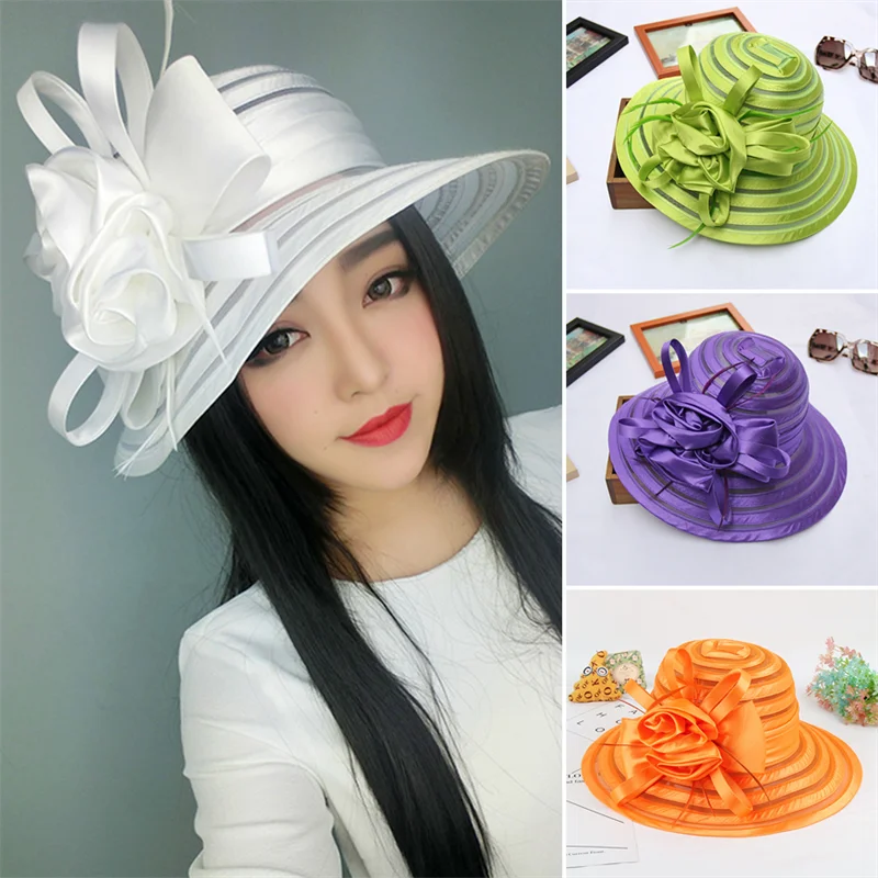 

New Elegant Summer Organza Sun Hats for Women Wide Brim With Big Flower Fedora Hat Fashion Ladies Wedding Church Party Hat