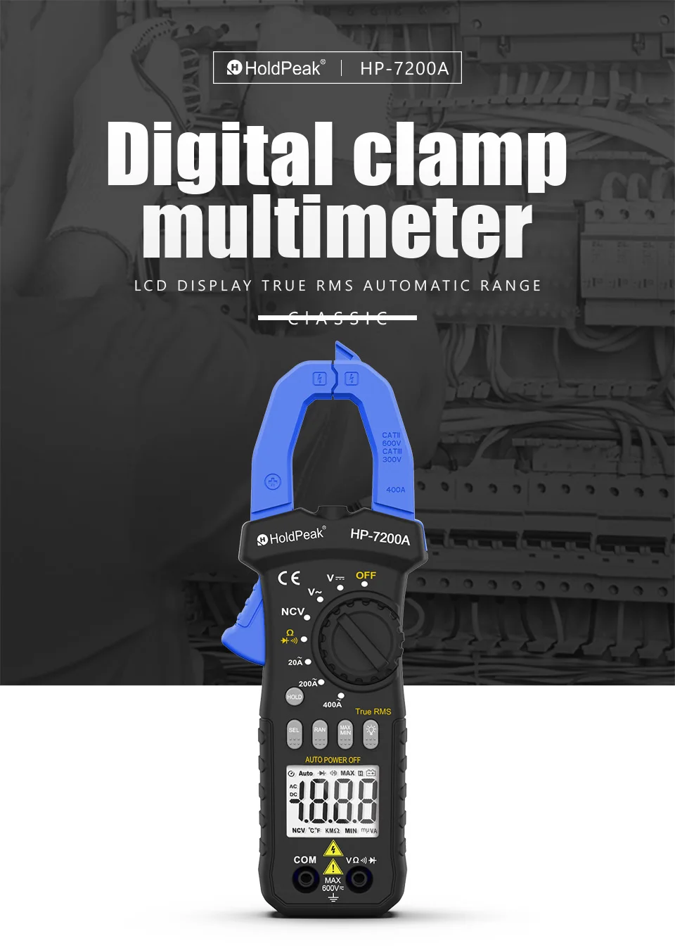 HP-7200A AC TRUE-RMS CLAMP MULTIMETER 1999 COUNTS measure DC & AC voltage,AC current,resistance,Non Contact AC Voltage (NCV)