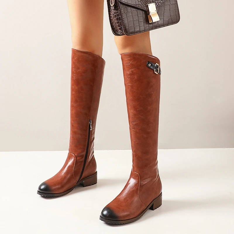 Vintage Knee High Boots Women Shoes Casual Brown Black Riding Boot Flats 2024 Autumn Winter Snow Boots Shoes Woman Large Size 48