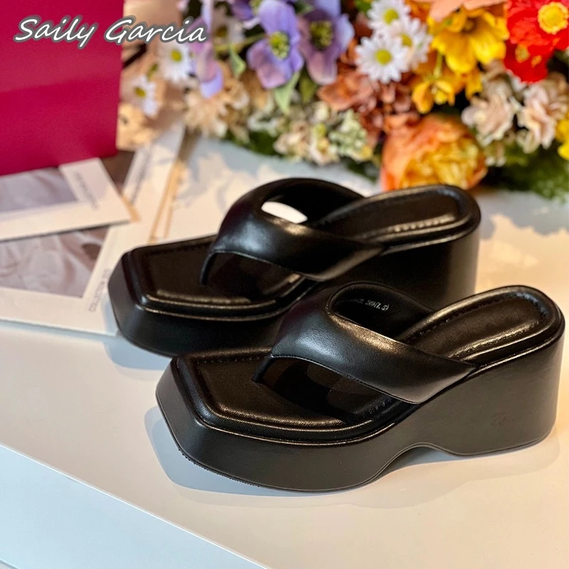 

Solid Genuine Leather Sexy Wedges Flip Flops 2024 Summer All-Match Outdoor Beach Slippers Square Toe Platform Casual Shoes