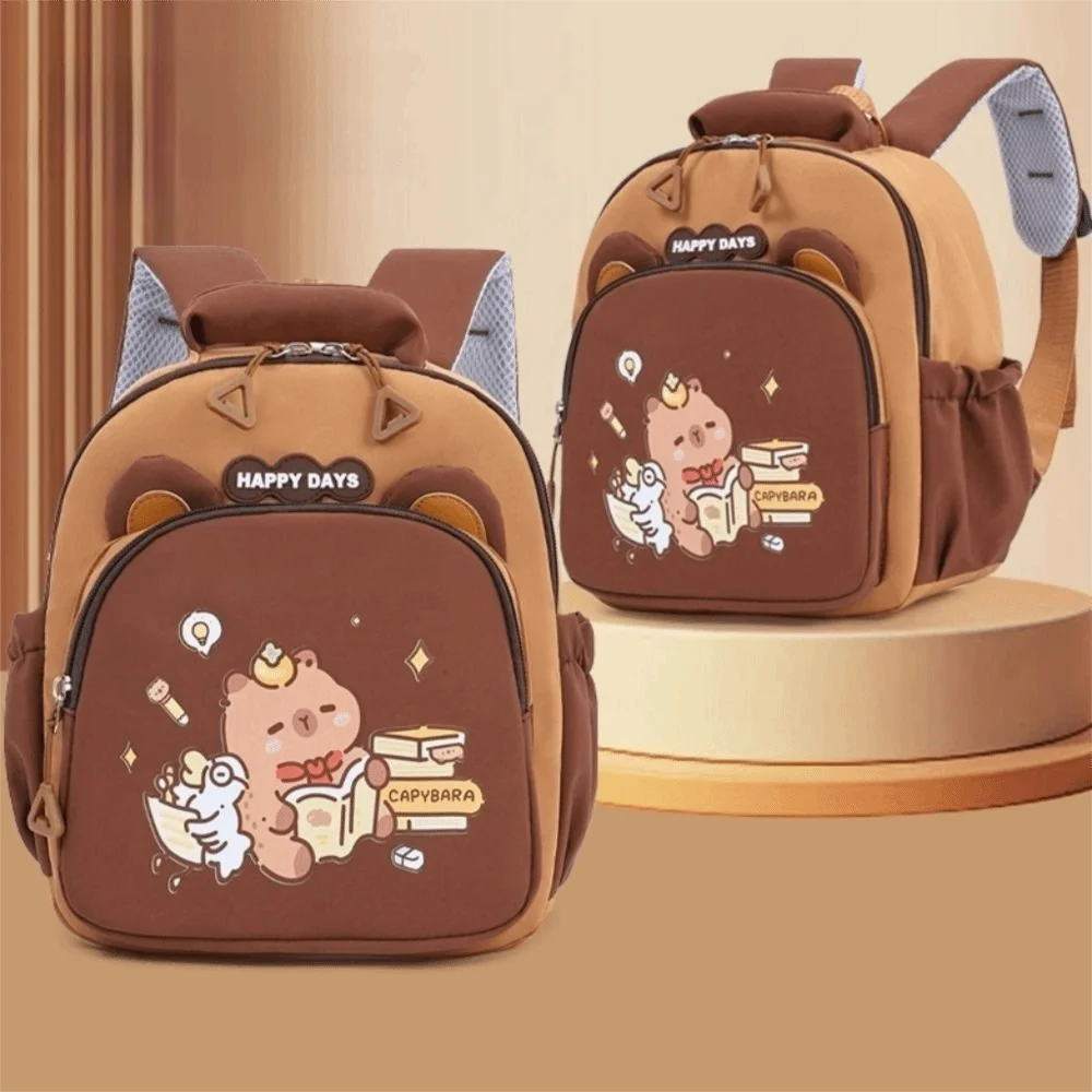 Cute Cartoon Capybara Backpack Large Capacity Nylon Capybara School Bag Lightweight Multi-Pockets Kindergarten Backpack