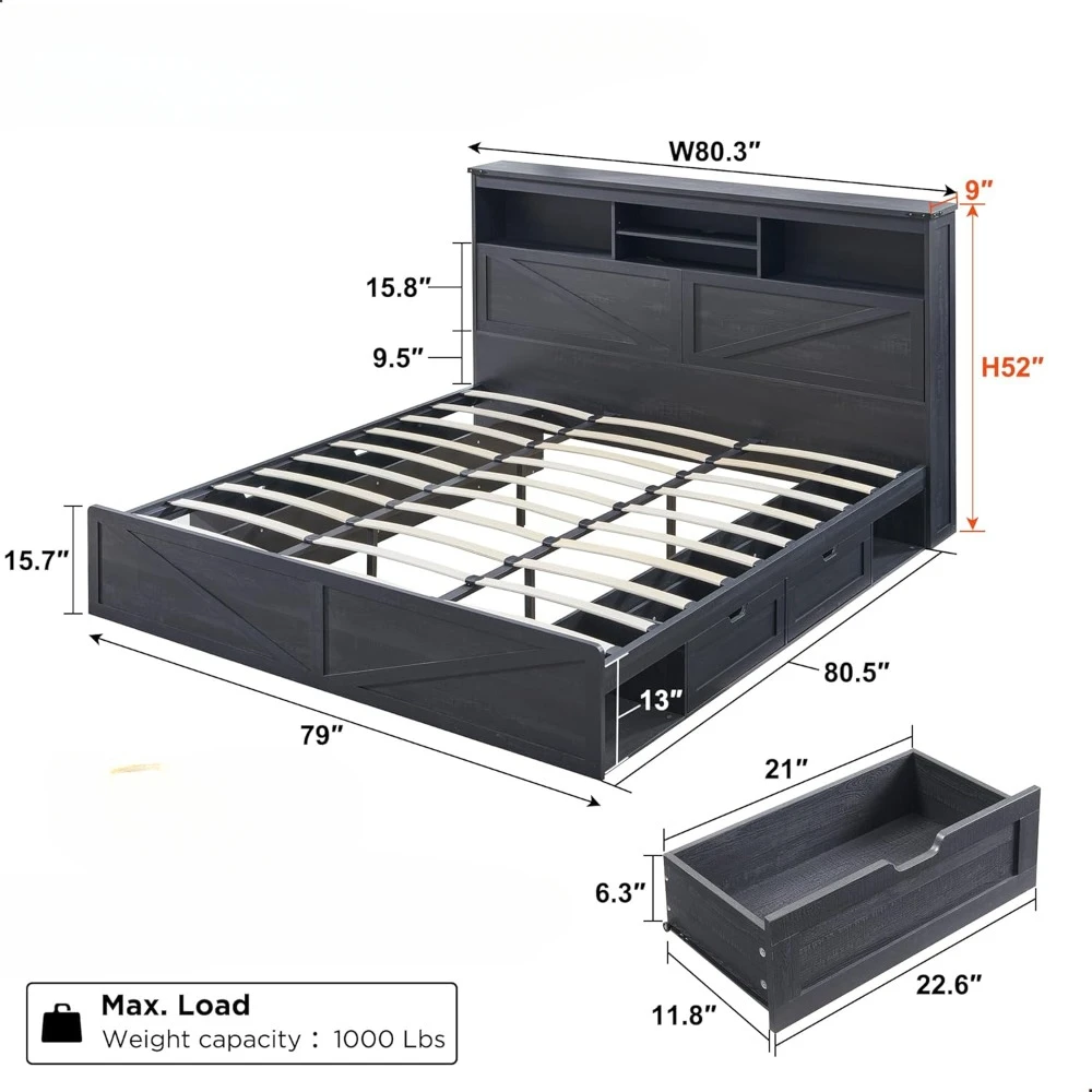 King Size Wood Bed Frame with 52