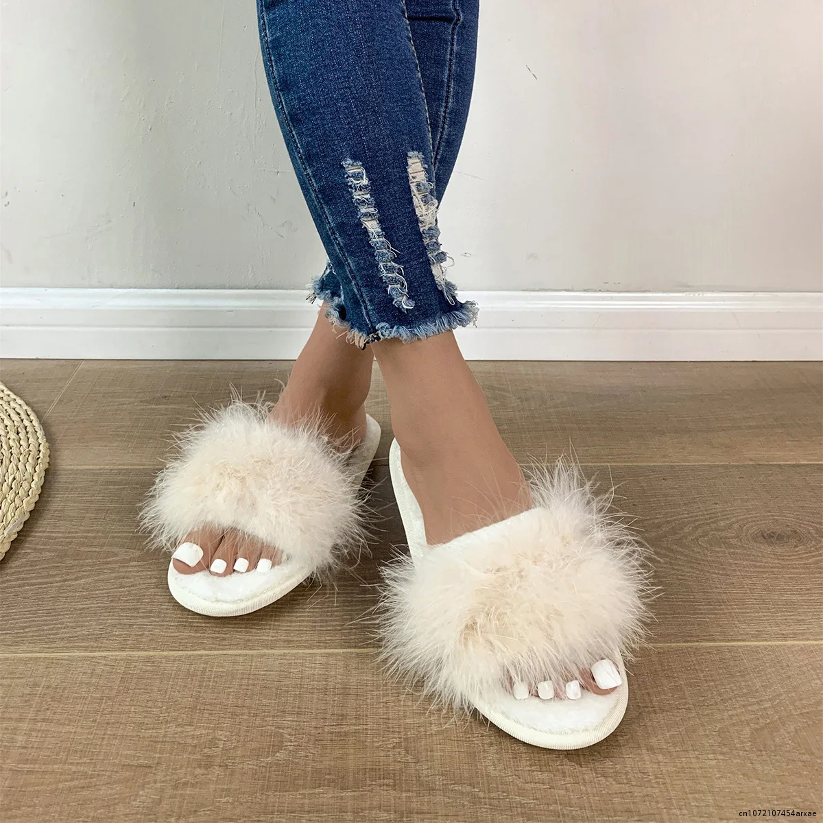 Winter Woman Slippers Fashion White Feather Furry Flat Women Shoes Ladies Summer Outdoor Slides Female Plus Size Pink