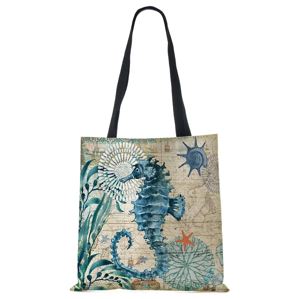 Tote Bag Seahorse Turtle Octopus Print borse a tracolla da viaggio borse per la spesa in lino ecologico per donna con stampa