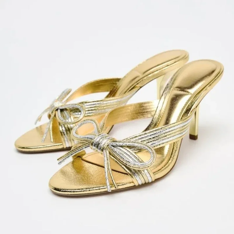 

Sexy Gold Bow Decoration Open Toe High Heel Slippers Women Fashion Pointed Toe Thin Heel Slide Sandals Luxury Designer Shoes