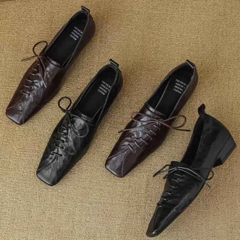 

Retro Low Heeled Flat Shoes Brown Black Versatile Soft Soled Lace Up Small Leather Shoes Spring/summer New 2025 Women's Shoes