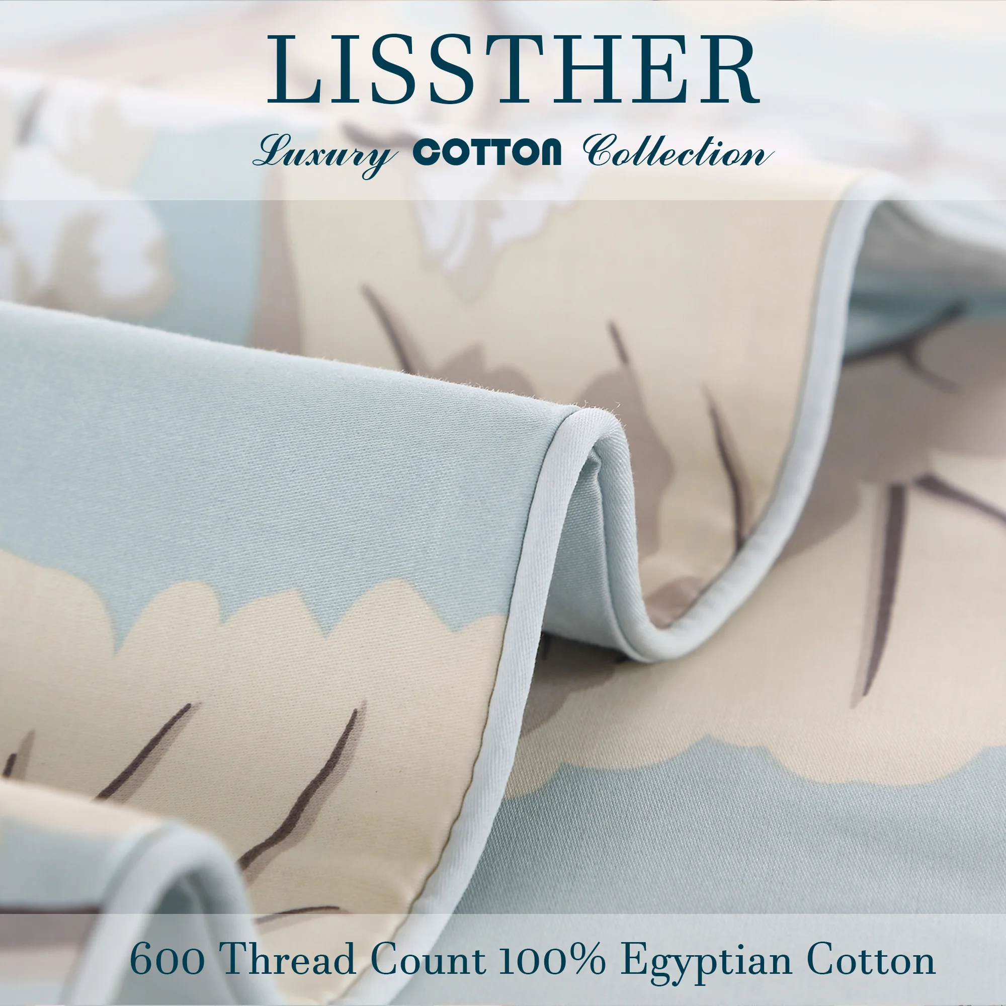 3pcs 600TC 100% Egyptian Cotton Duvet Cover Set, Blue Luxury Leaves Floral, Soft Skin-Friendly (No Inserts)